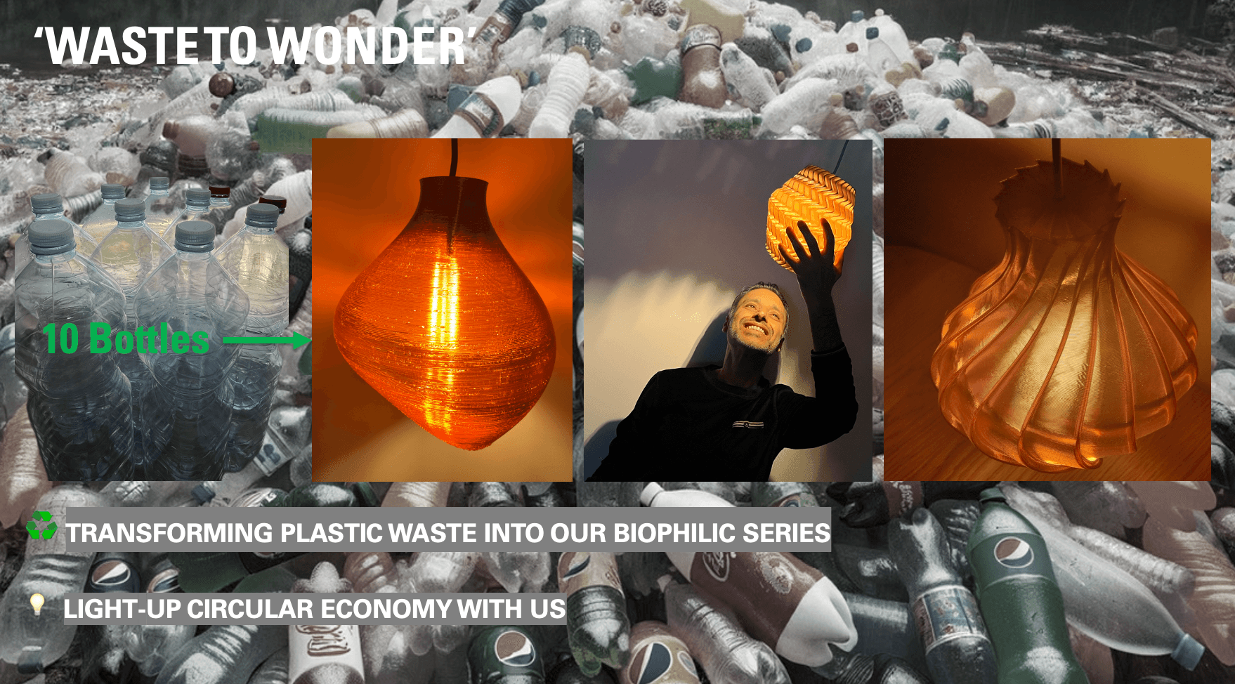 lights made from a build up of plastic bottles dumped in the sea